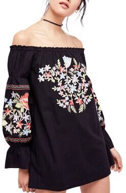 Free People Black Off-Shoulder Mini Dress with Multicolor Floral Embroidery